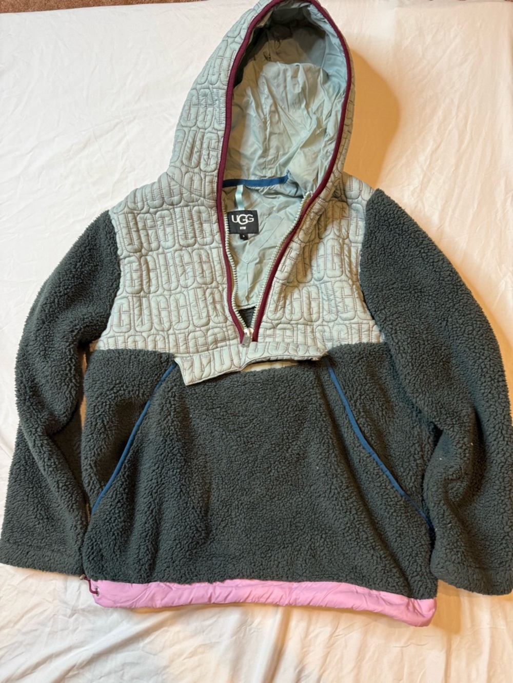 UGG Green Sherpa Hoodie with Mint Quilted Yoke and Pink Hem